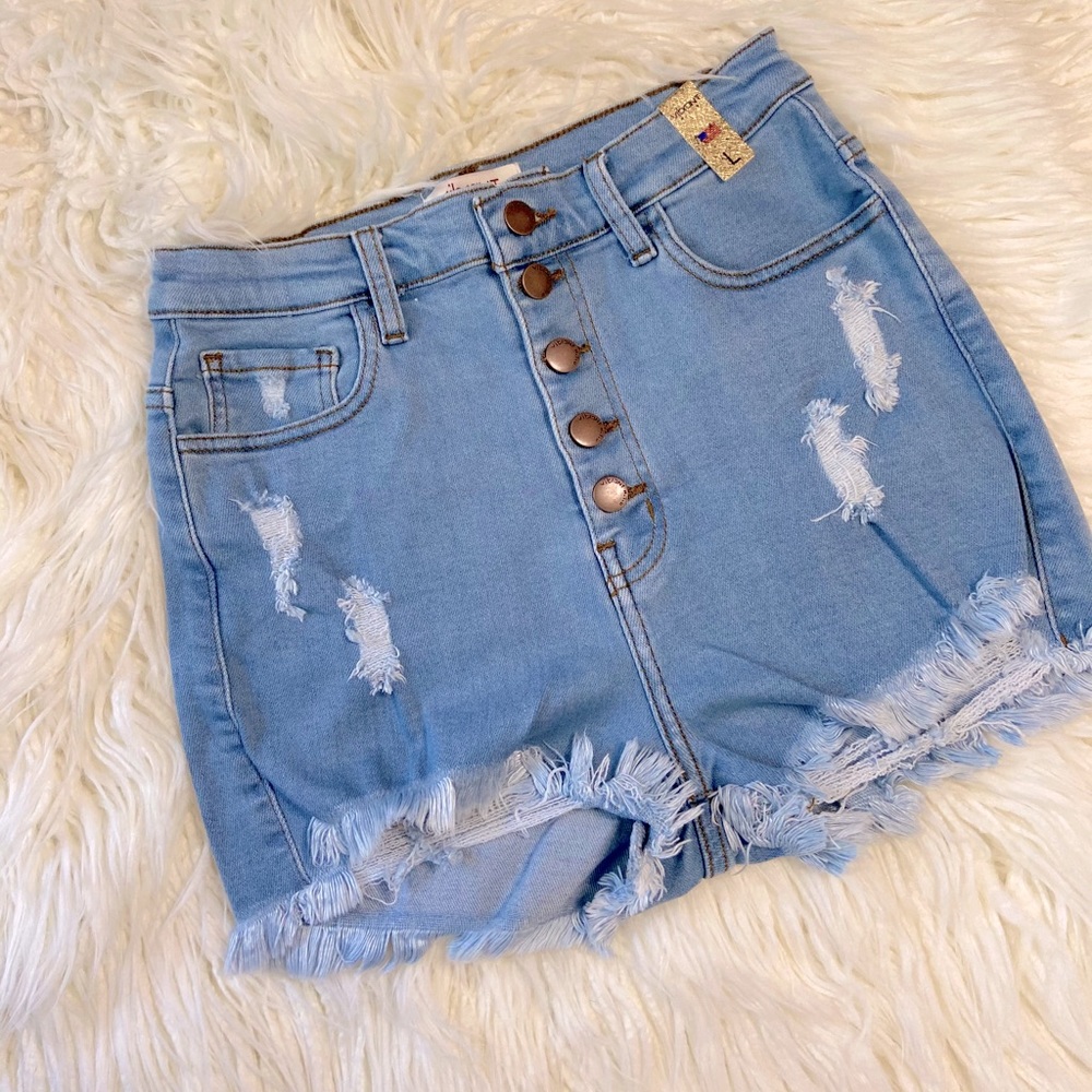 50% off distressed jean shorts high-waist